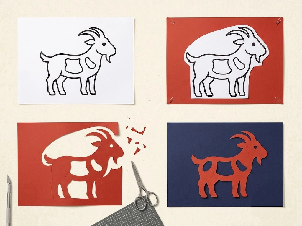 Beginner Chinese zodiac goat paper cutting workflow from printable template to finished red silhouette