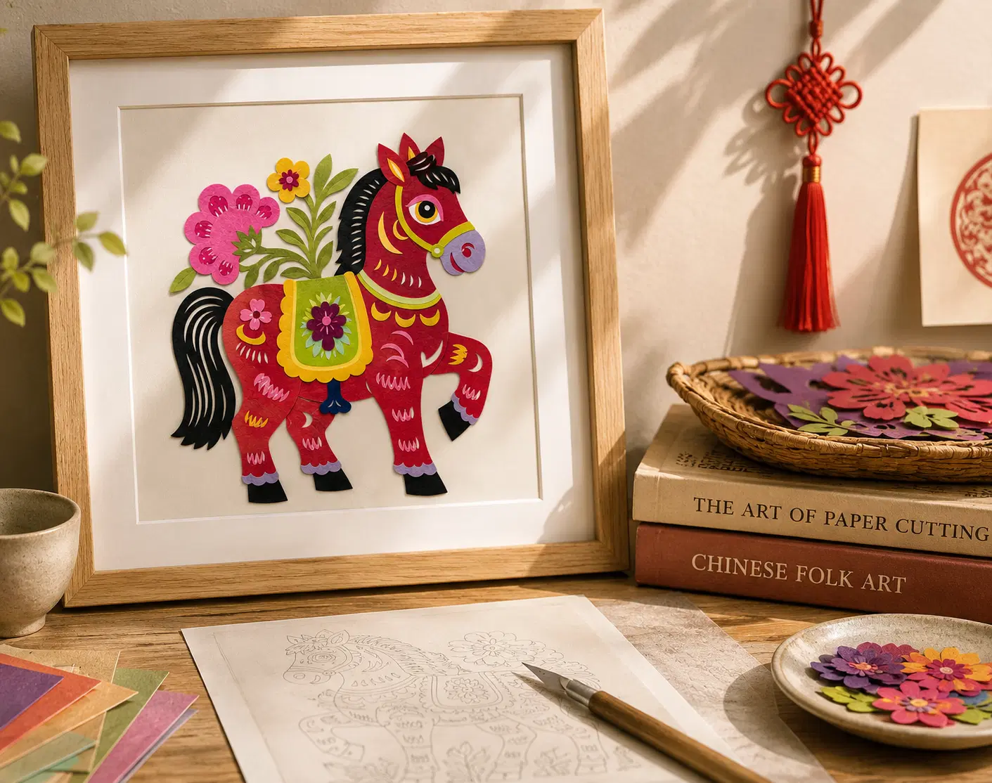 Framed Chinese zodiac Horse paper cutting artwork displayed in a warm craft studio with a printable template and paper craft tools