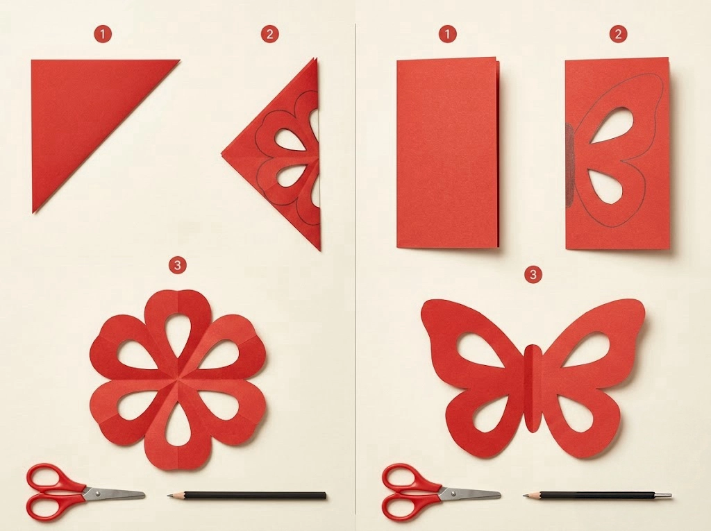 Step-by-step folded flower and butterfly Chinese paper cutting projects for beginners
