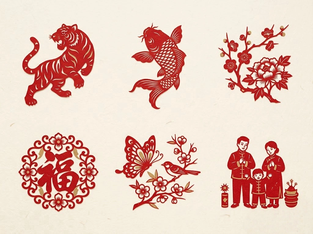 Six Chinese New Year paper cutting designs including a zodiac tiger, fish, flowers, Fu character, butterfly, bird, and family scene